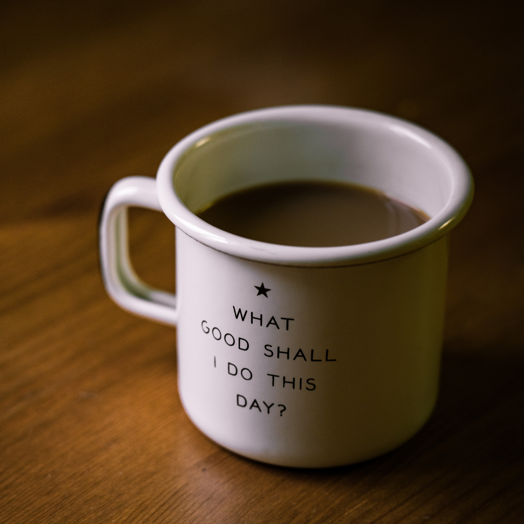 mug with writing on saying "what good shall I do this day?"